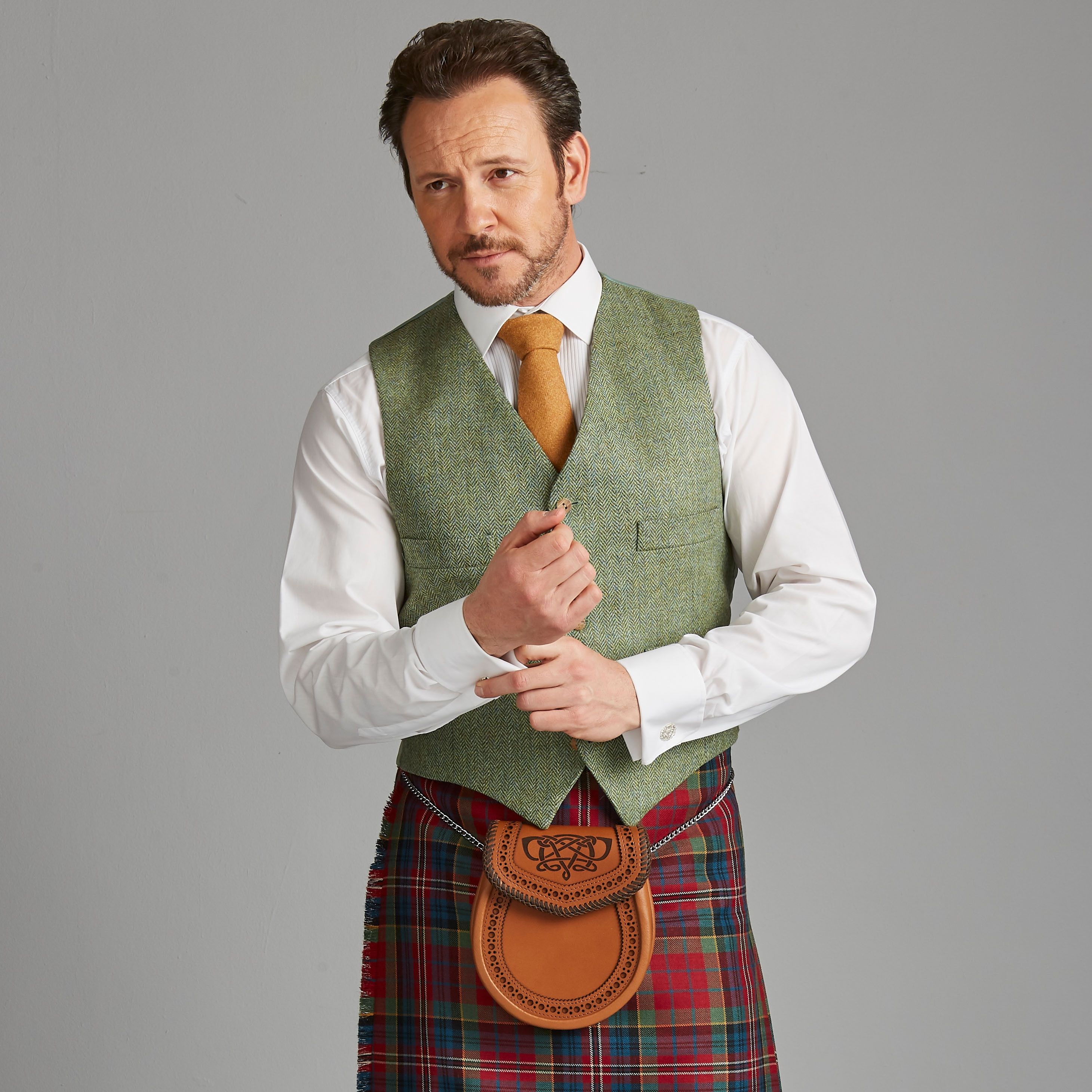 Lovat Green Tweed Day Kilt Waistcoat with 5 staghorn buttons