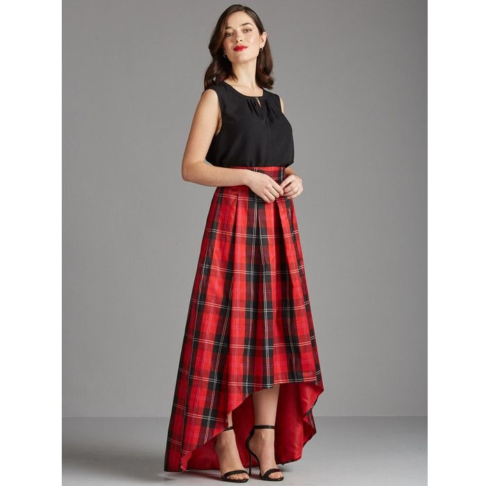 Pleated Lilly 100% pure silk tartan skirt evening gown red Ramsay