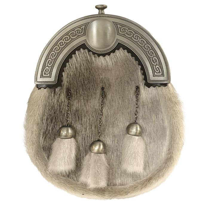 Sealskin Dress Sporran with Celtic design cantle and 3 capped tassels in Antique Finish - Reduced to Clear