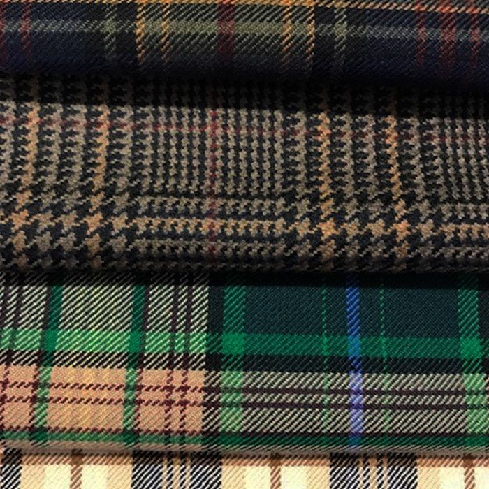 Swatches of tartan cloth in wool silk and polyviscose