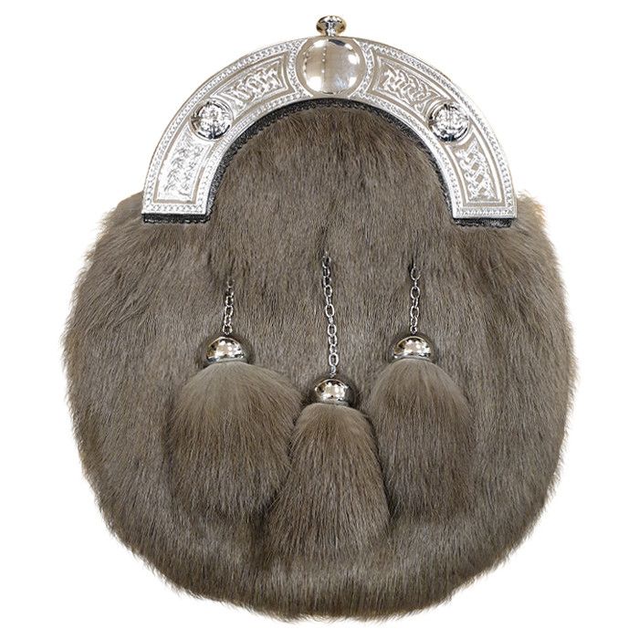 Smoky Rabbit Fur Dress Sporran with Celtic Cantle in Chrome - Reduced to Clear