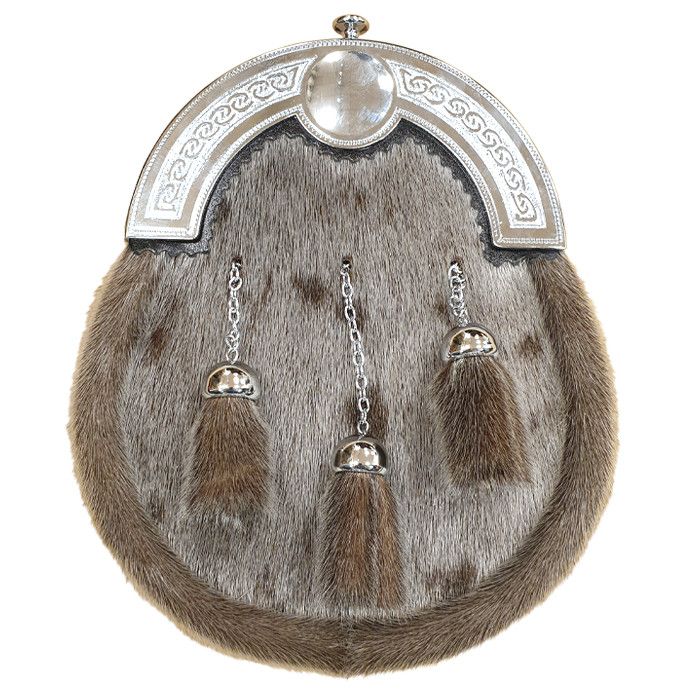 Sealskin Dress Sporran with Celtic cantle and 3 tassels in Chrome Finish - Reduced to Clear
