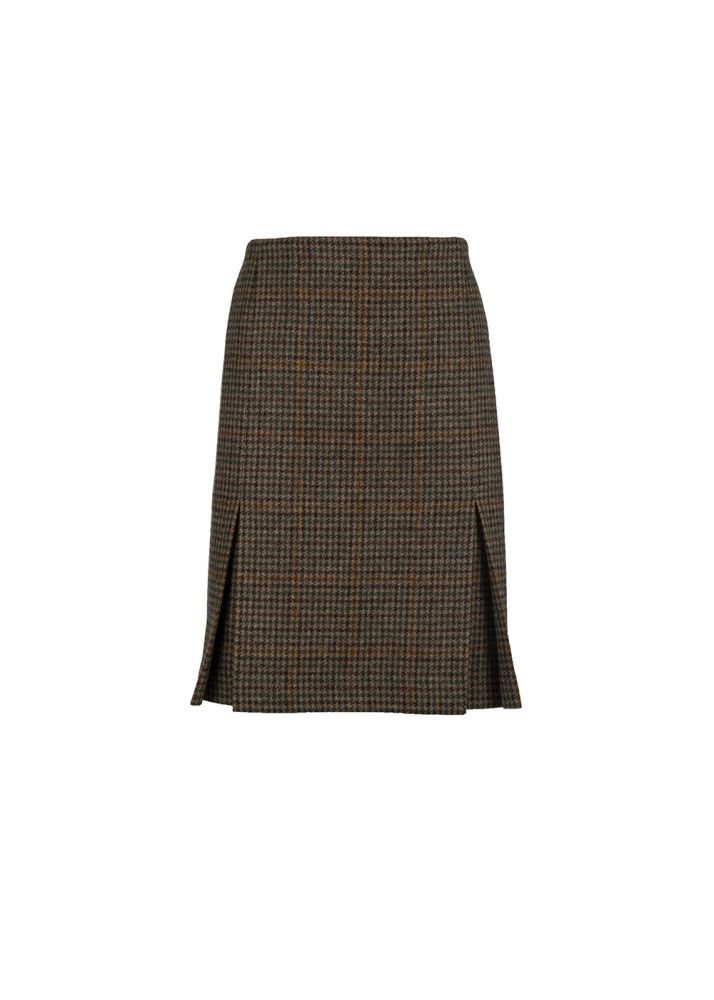 Fitted Skirt with Two Kick Pleats in Lightweight Green Check Tweed