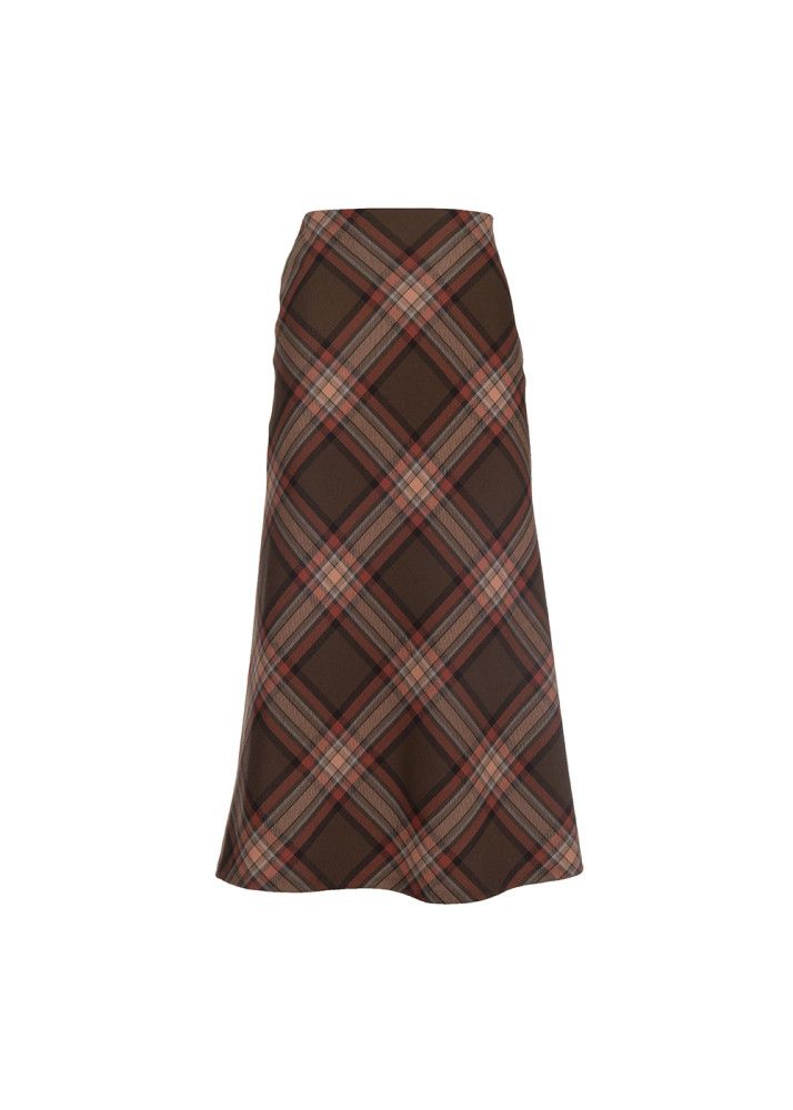 Bias Cut Skirt in Brown/Terracotta Tartan