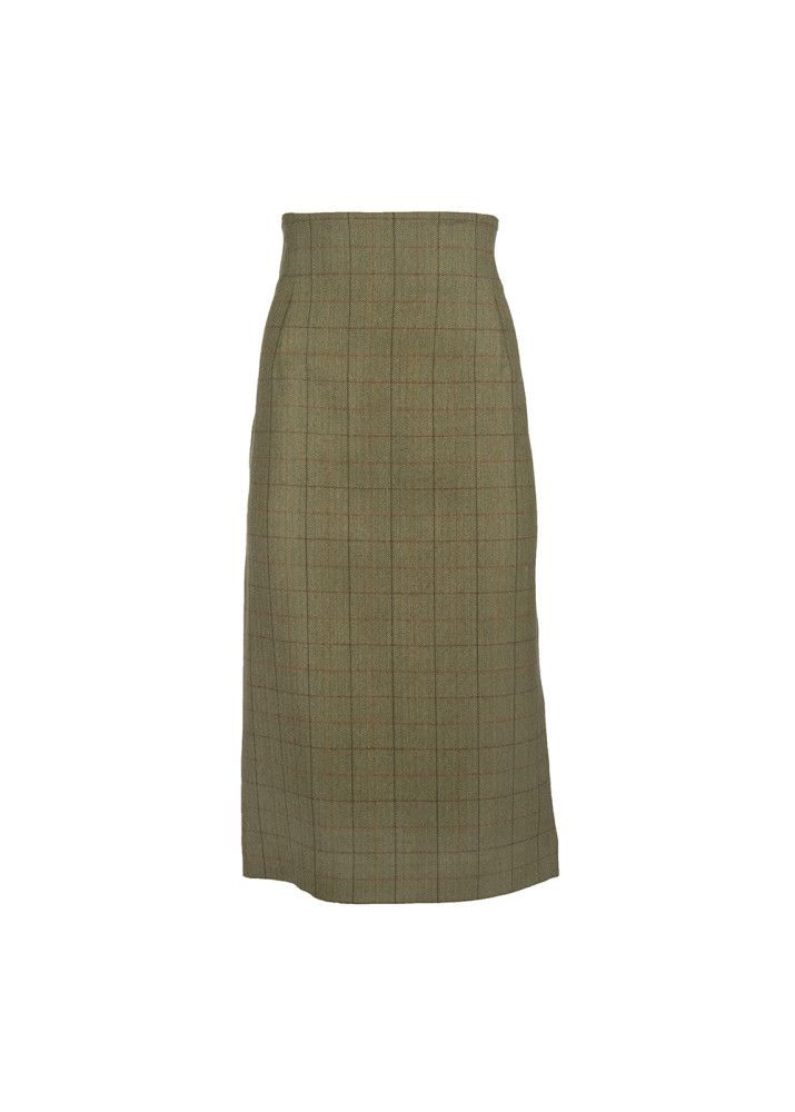 Straight Skirt with Pleated Kick Plait in Green Tweed