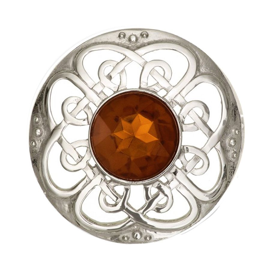 Plaid Brooch with Citrine Coloured Stone in Pewter