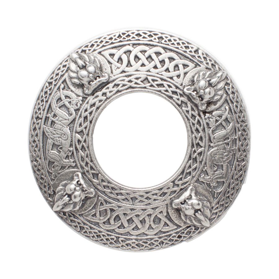 Plaid Brooch with Celtic and Lion Design in Pewter