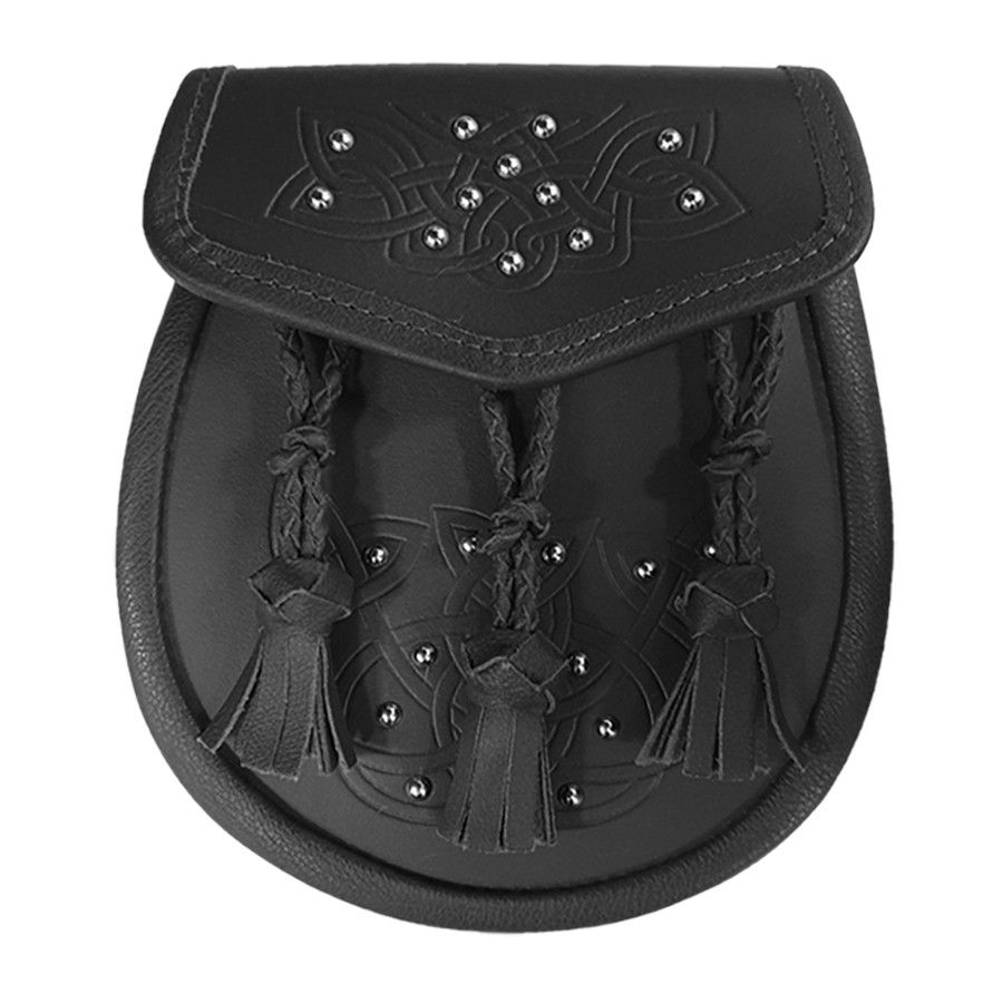 Leather Day Sporran All Over Studded Celtic Design and 3 Pleated Tassels in Black