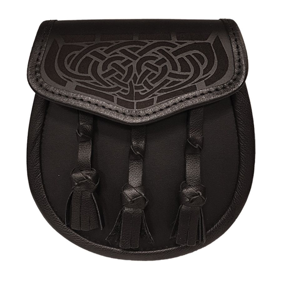 Leather Day Sporran, with Laser Etched Celtic Design on Flap in Black