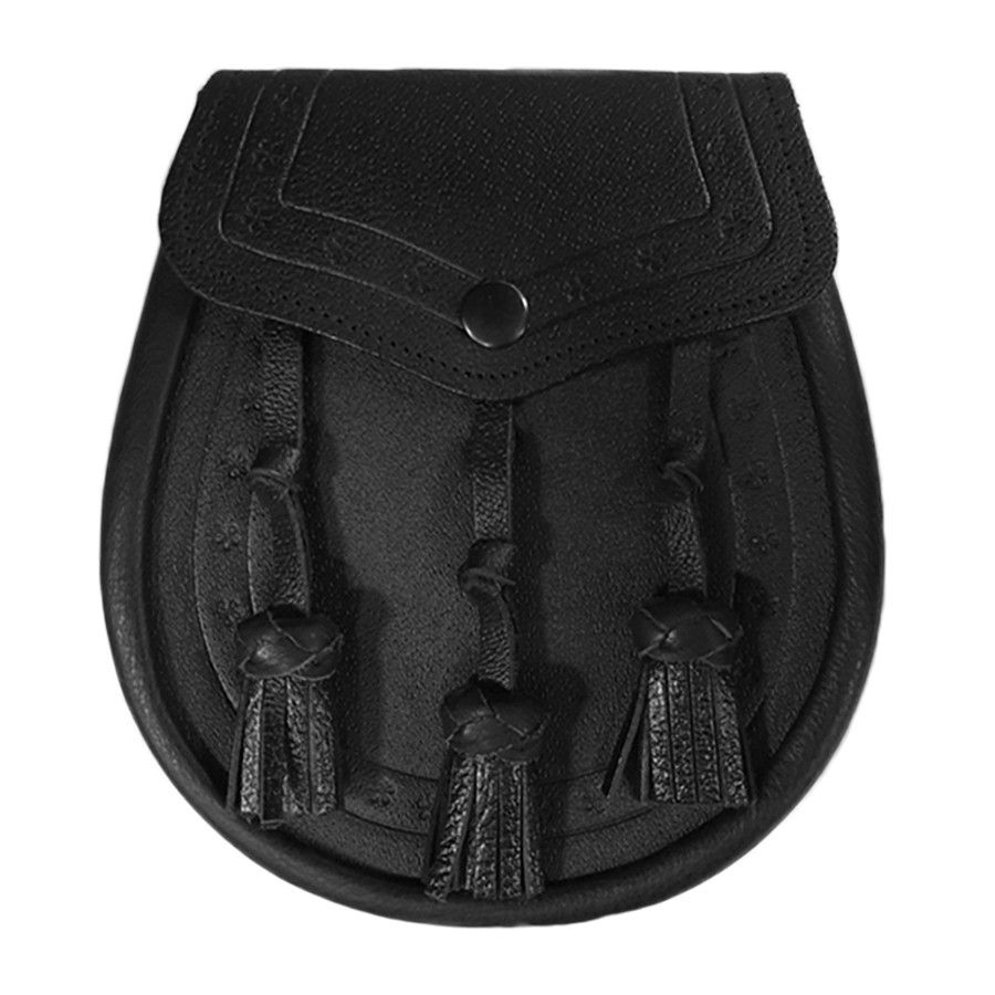 Leather Day Sporran with Embossed Leather and 3 Knotted Tassels in Black
