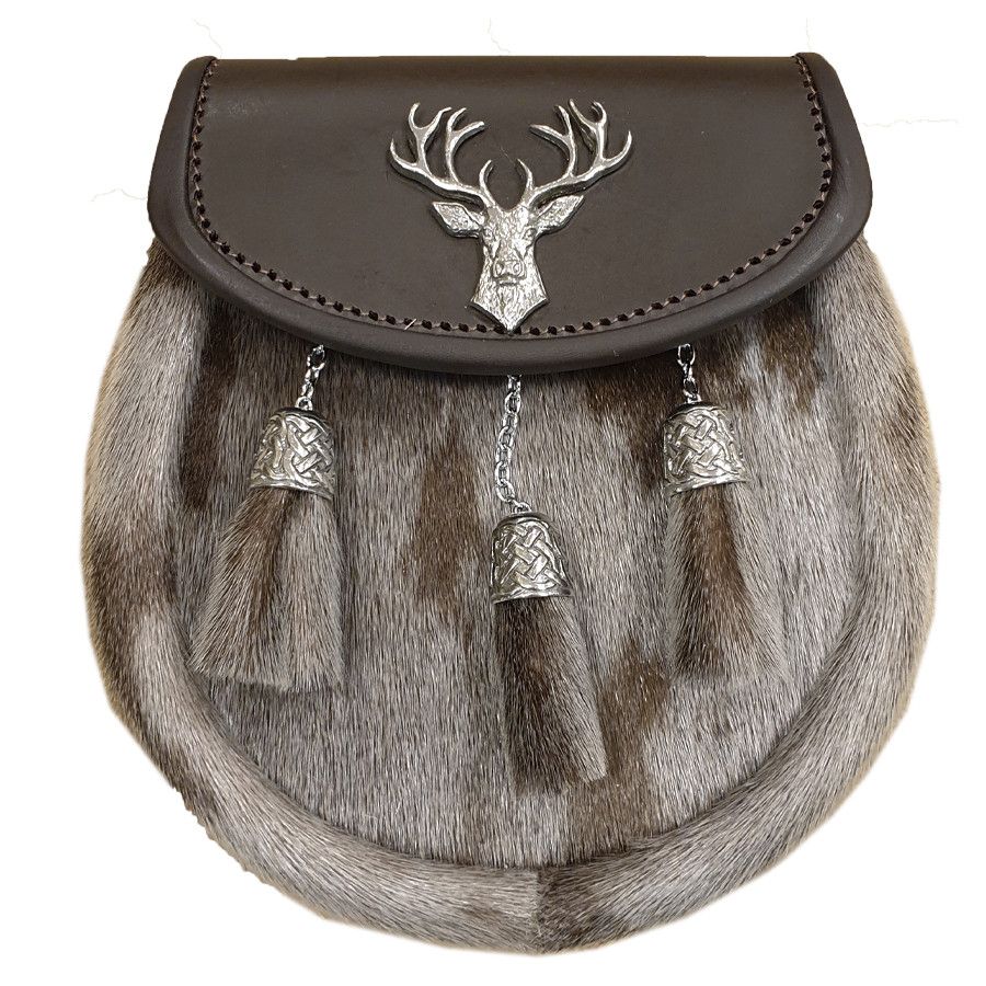 Seal skin Semi Dress Sporran with Stag on Brown Leather top and 3 Celtic Chain Tassels