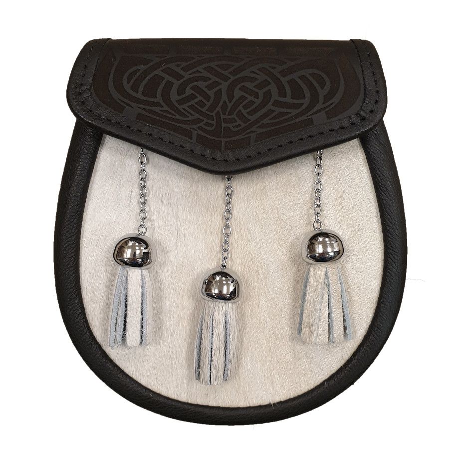 Pony Skin Semi Dress Sporran with Laser Etched Black Leather Flap and Chrome Tassels
