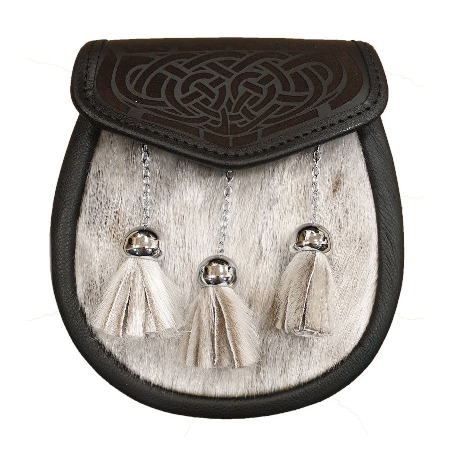 Seal Skin Semi Dress Sporran with Laser Etched Black Leather Flap and Chrome Tassels