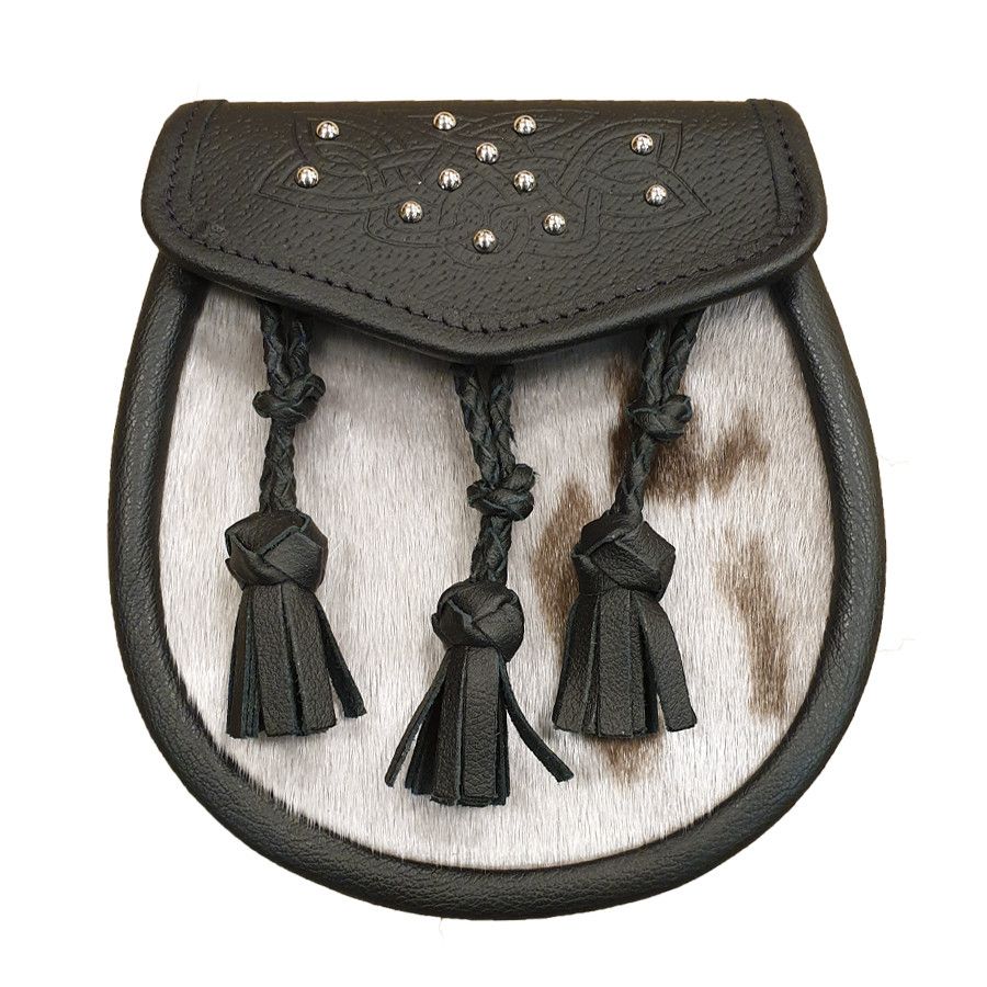 Seal Skin Semi Dress Sporran with Celtic Black Leather Flap and 3 Plaited Tassels