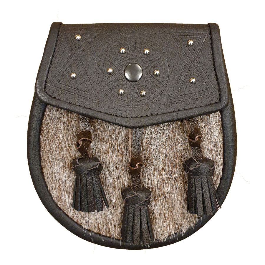 Pony Skin Semi Dress Sporran with Celtic Design Brown Leather Flap and Tassels