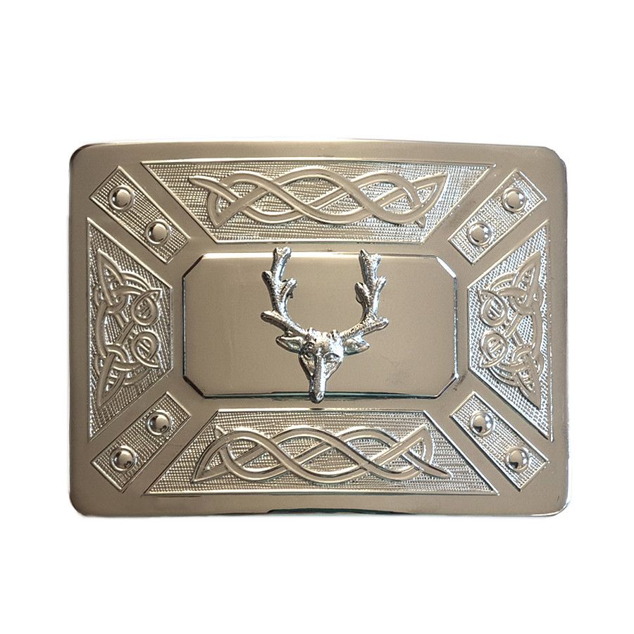 Zoomorphic with Mounted Stags Head Design Buckle in Chrome Finish