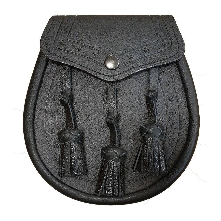 Leather Day Sporran with Embossed Design and 3 Leather Knotted Tassels in Black