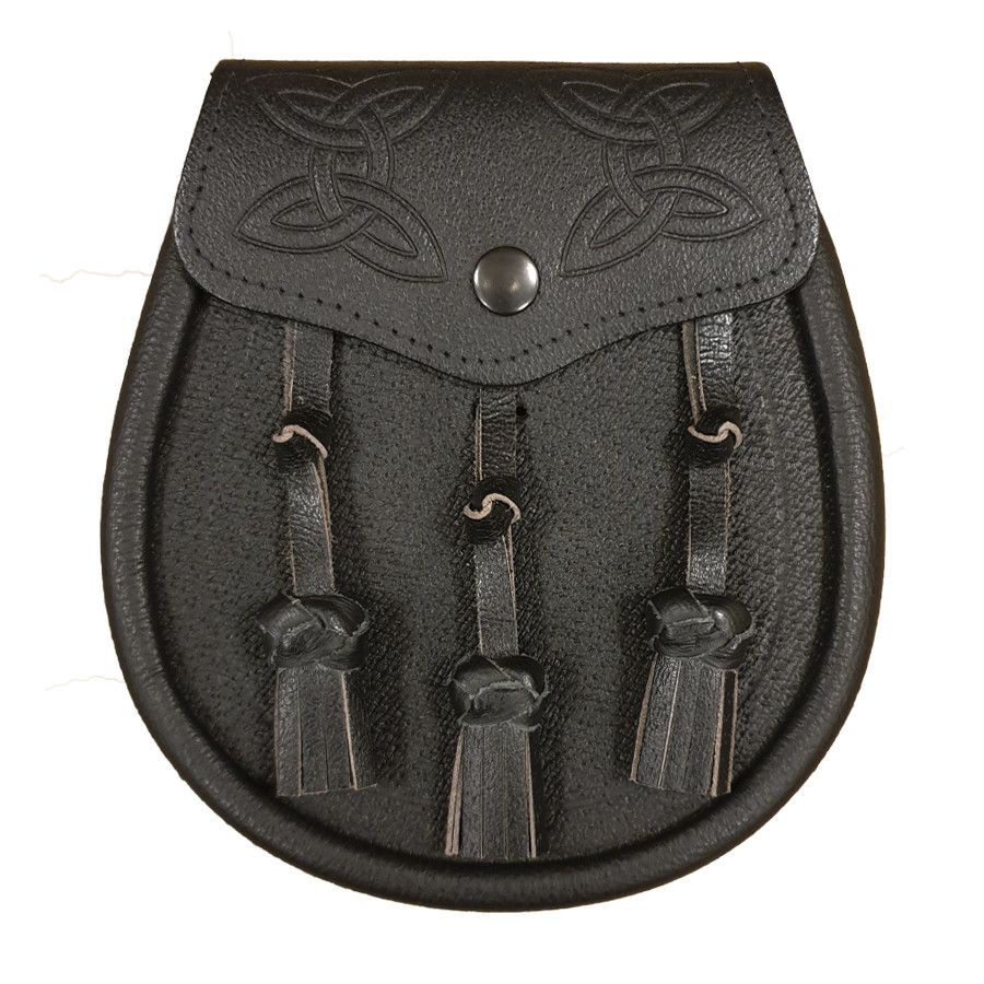 Leather Day Sporran - Celtic Detail Flap with 3 Knotted Tassels in Black