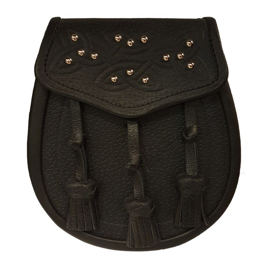 Leather Day Sporran - Tooled and Studded Flap with 3 Knotted Tassels in Black