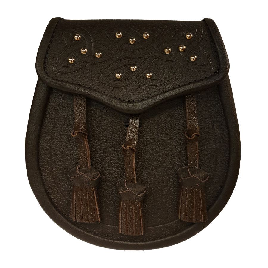 Leather Day Sporran - Tooled and Studded Flap with 3 Knotted Tassels in Brown