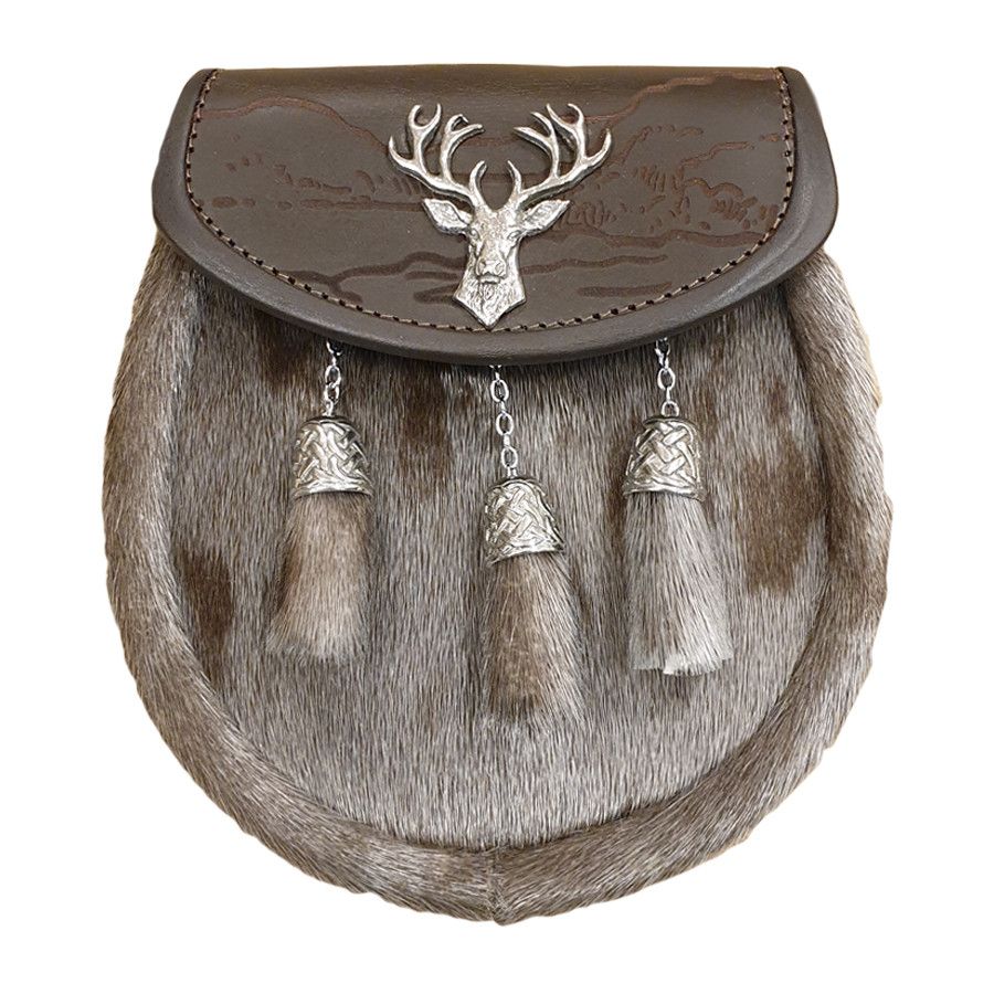 Sealskin Semi Dress Sporran with Stag on Brown Leather top and 3 Celtic Chain Tassels