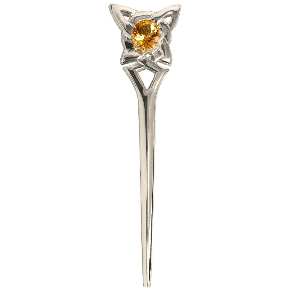 Celtic Knot and Citrine Stone Kilt Pin in Hallmarked Sterling Silver by Hamilton and Inches