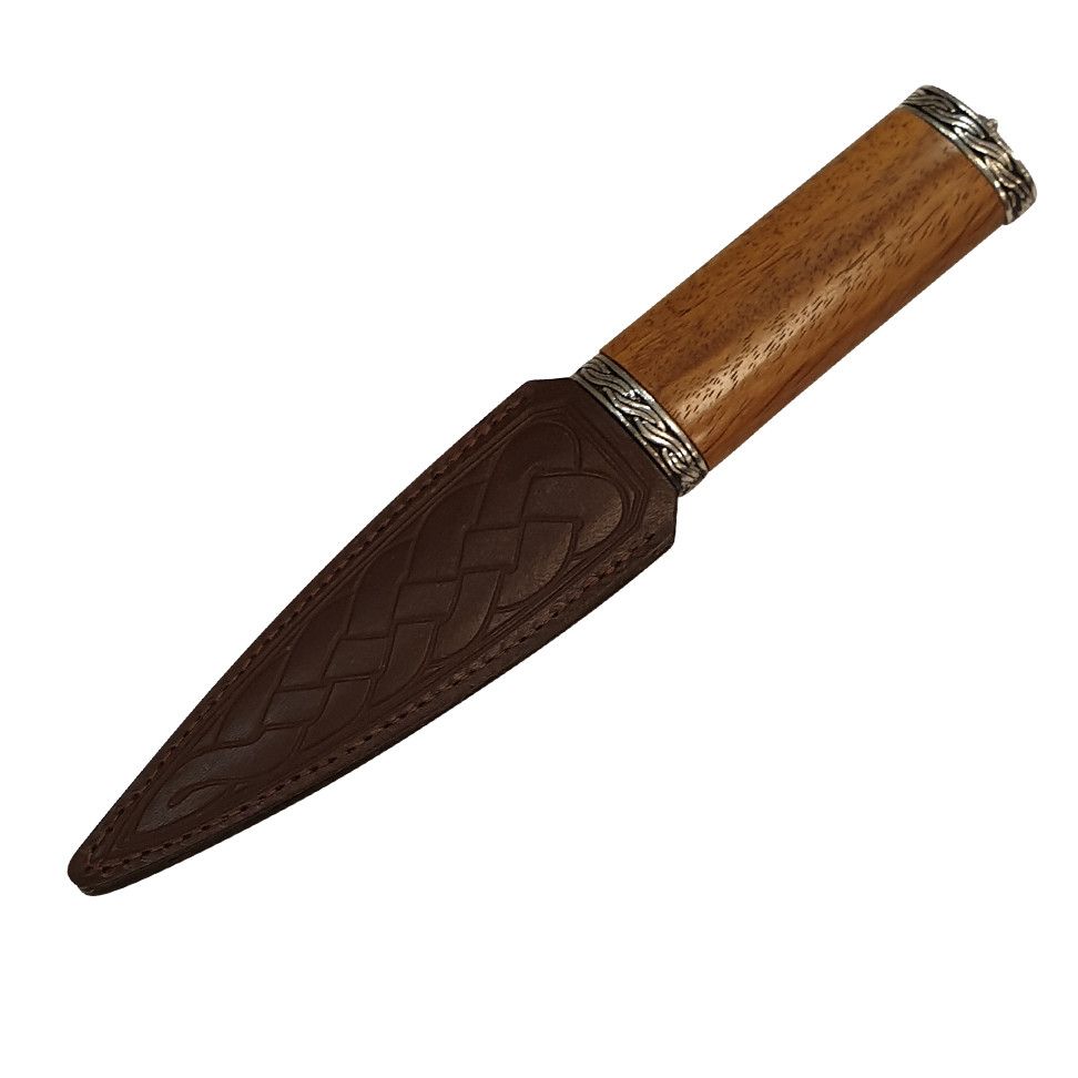 Rose Wood Handle Sgian Dubh with Ball Top and Brown Leather Celtic Sheath