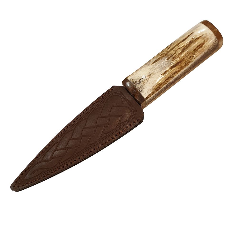 Staghorn Handle Sgian Dubh with brown leather Celtic Sheath