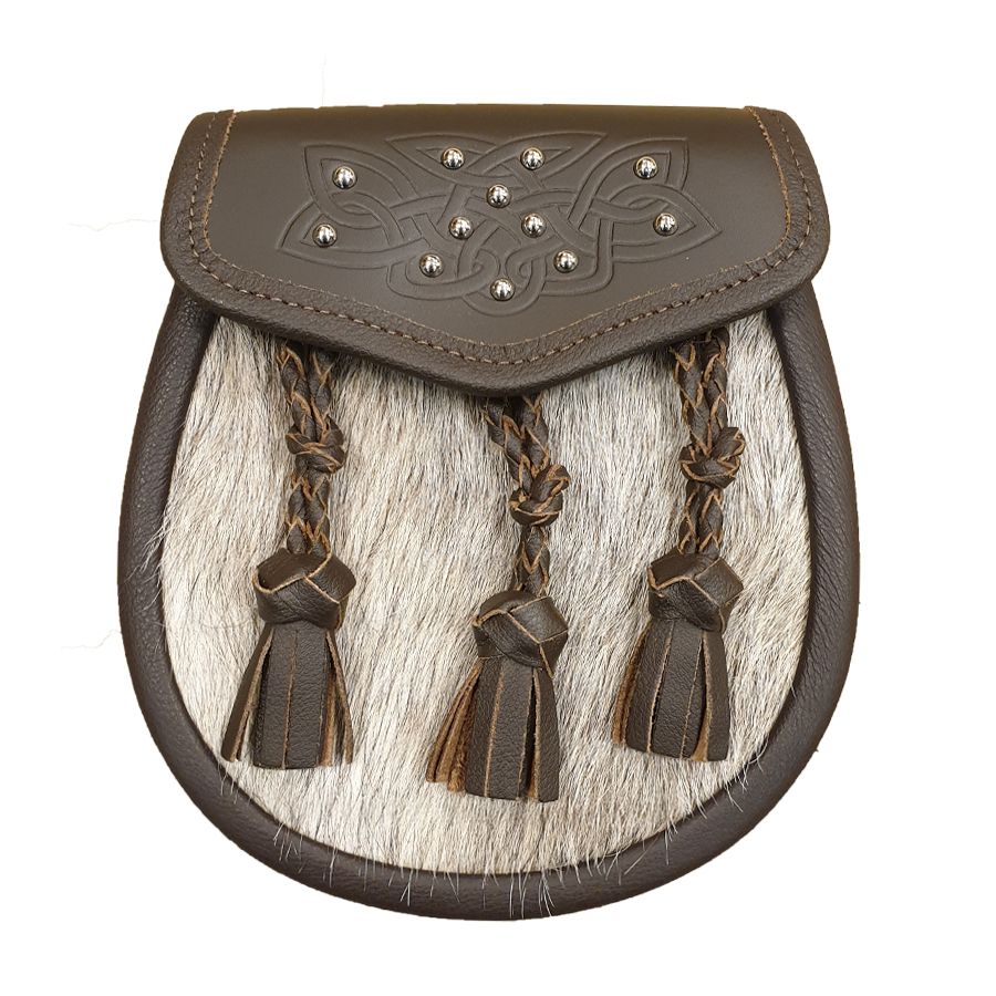 Black or Brown Plain Leather Sporran Plaited Front With 3 Knotted Tassels main image 1