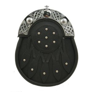 Black Leather Dress Sporran with Cantle and studded targe design