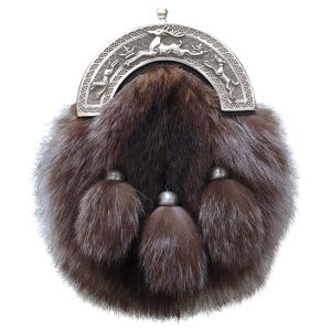 Racoon Fur Dress Sporran with Stag and Hound Cantle in Antique Finish
