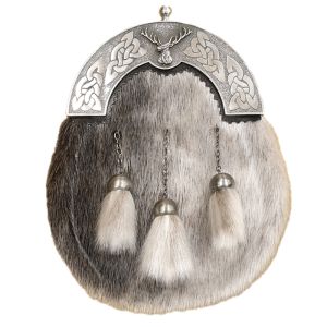 Sealskin Dress Sporran with Celtic Knot and Stags Head Cantle in Antique Finish