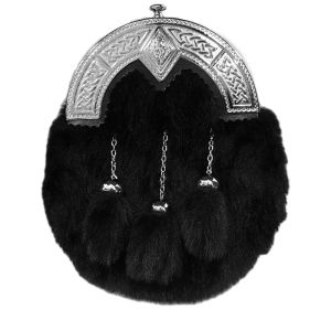 Faux Fur Dress Sporran with Celtic and Thistle design cantle in Black