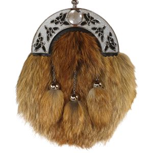 Red Fox Dress Sporran with Celtic cantle and 3 matching tassels in Chrome Finish