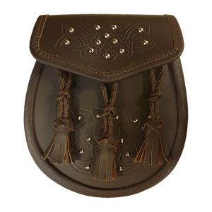Leather Day Sporran All Over Studded Celtic Design and 3 Pleated Tassels in Brown