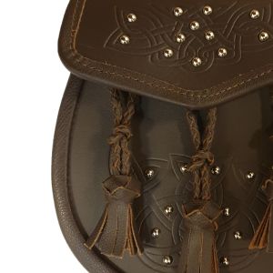 Leather Day Wear Sporran with all over studded Celtic design and 3 pleated leather tassels in Brown