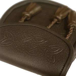 Brown Leather Day Wear Sporran with all over tooled Celtic design and 3 leather tassels