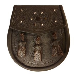 Leather Day Sporran - Tooled and Studded Celtic design with 3 Knotted Tassels in Brown