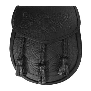 Leather Day Sporran with all over tooled Celtic design and 3 leather tassels in Black