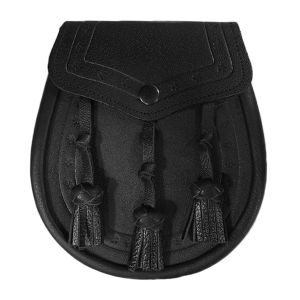 Leather Day Sporran with Embossed Leather and 3 Knotted Tassels in Black