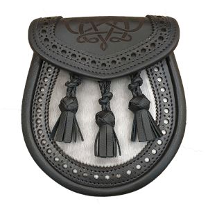 Seal Skin Semi Dress Sporran with Black Brogued and Laser Etched Leather Stag with Leather Tassels
