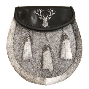Pony Semi Dress Sporran with Stag on Black Leather with 3 Celtic Chain Tassels