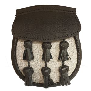 Pony Skin Semi Dress Sporran with Black Leather Flap and Plaited Tassels