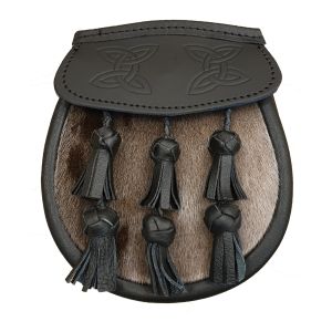 Seal Skin Semi Dress Sporran with Black Leather Flap and Plaited Tassels