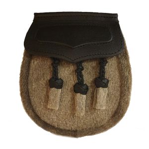 Pony Skin Semi Dress Sporran with Black Leather Flap and 3 Knotted Tassels