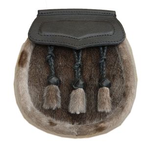 Seal Skin Semi Dress Sporran with Black Leather Flap and 3 Knotted Tassels