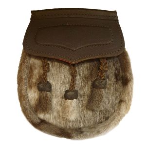 Seal Skin Semi Dress Sporran with Brown Leather Flap and 3 Knotted Tassels