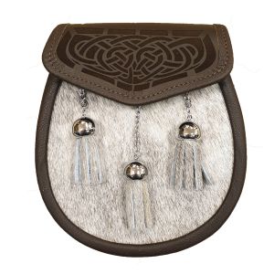 Pony Skin Semi Dress Sporran with Laser Etched Brown Leather Flap and Chrome Tassels