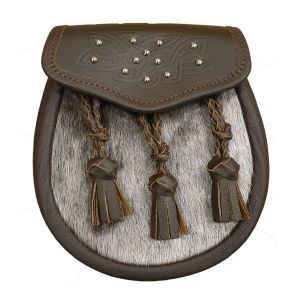 Seal Skin Semi Dress Sporran with Celtic Brown Leather Flap and 3 Plaited Tassels