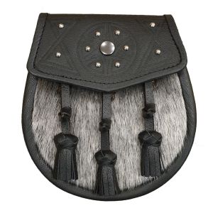 Sealskin Semi Dress Sporran with Studded Black Leather Flap and Tassels